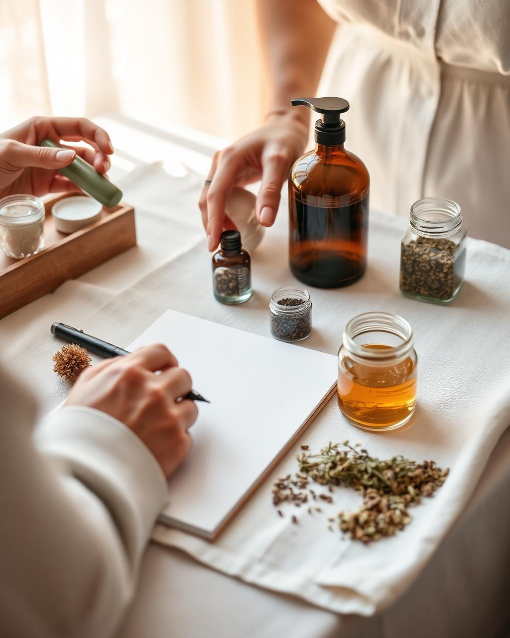 Taller de cosmética natural con ingredientes botánicos y cuaderno de fórmulas