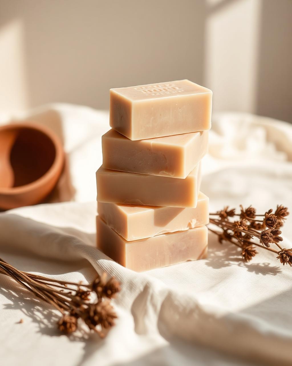 Jabones artesanales naturales elaborados por PREVENSA360 sobre lino crema